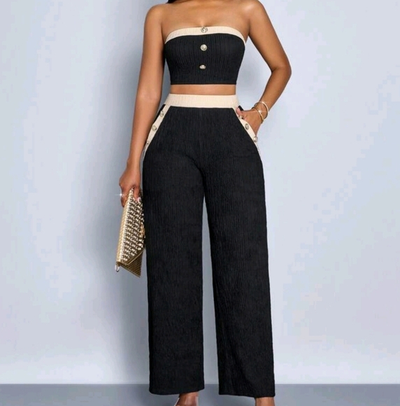 Women's Color-Blocked Button Decoration Crop Tube Top And Pants Set - Picture 1 of 4